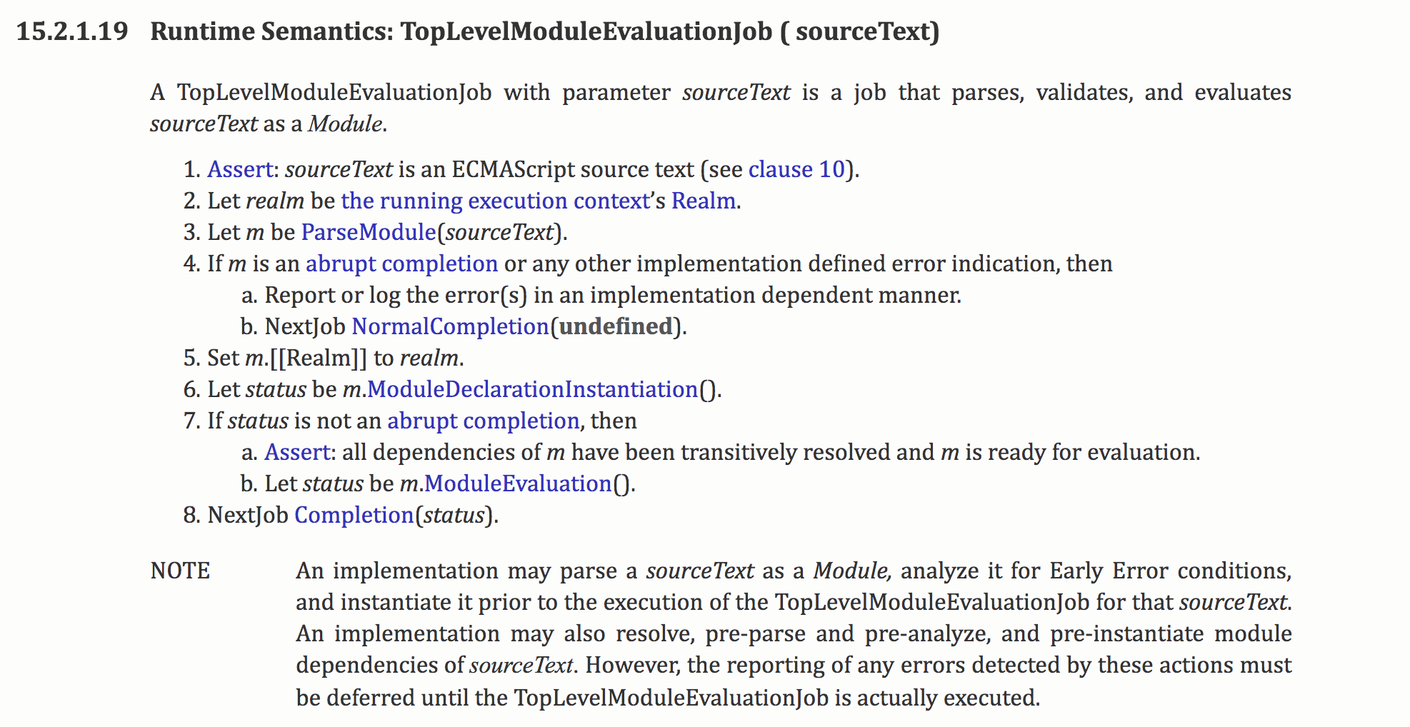 Runtime Semantics: TopLevelModuleEvaluationJob ( sourceText)